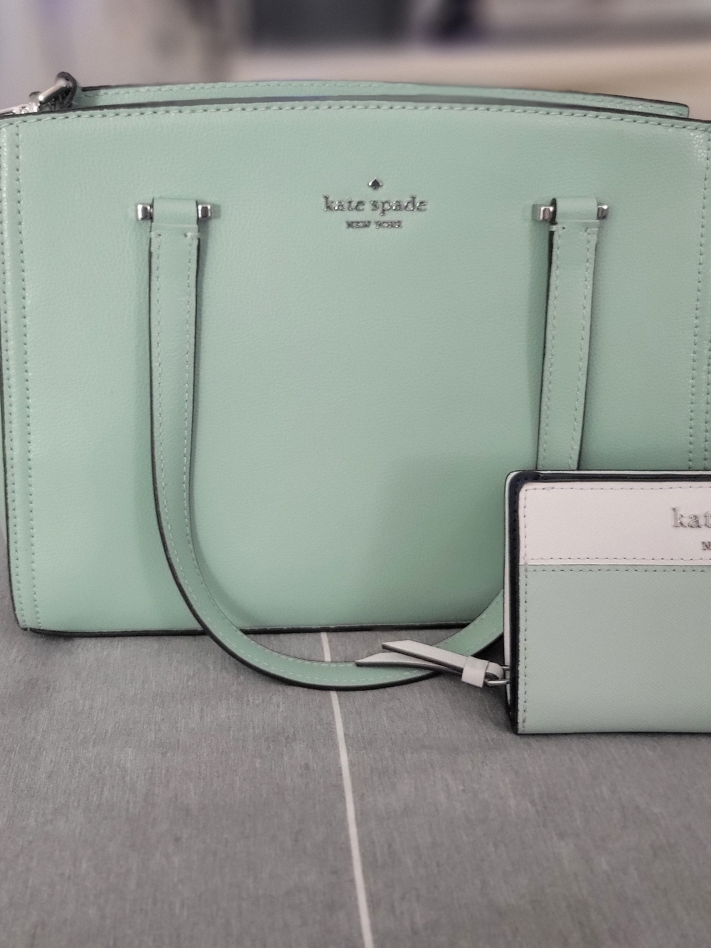 kate spade mint green leather tote with matching card holder